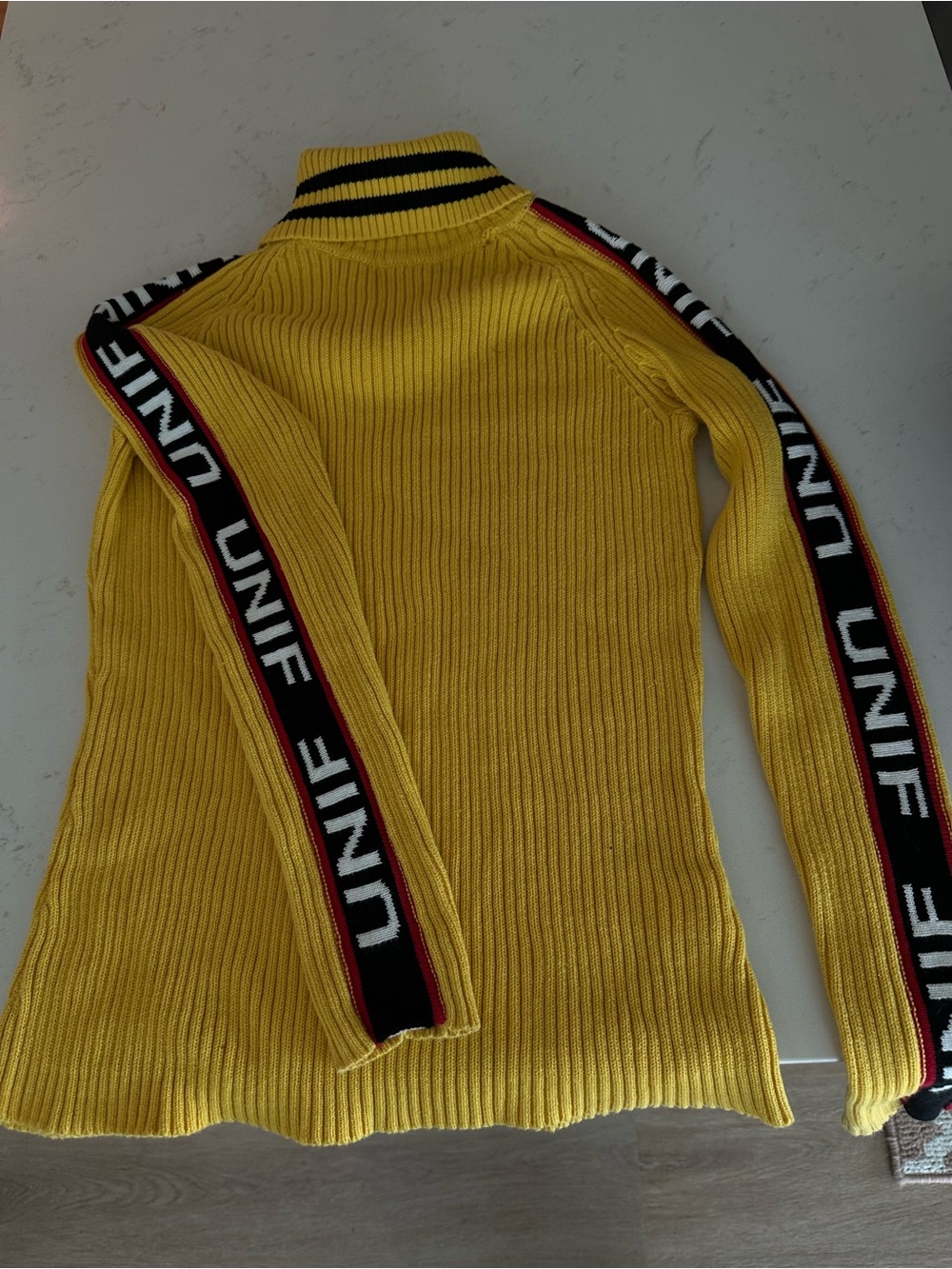 UNIF Badsport Yellow Ribbed Knit Sweater with Multicolor Label